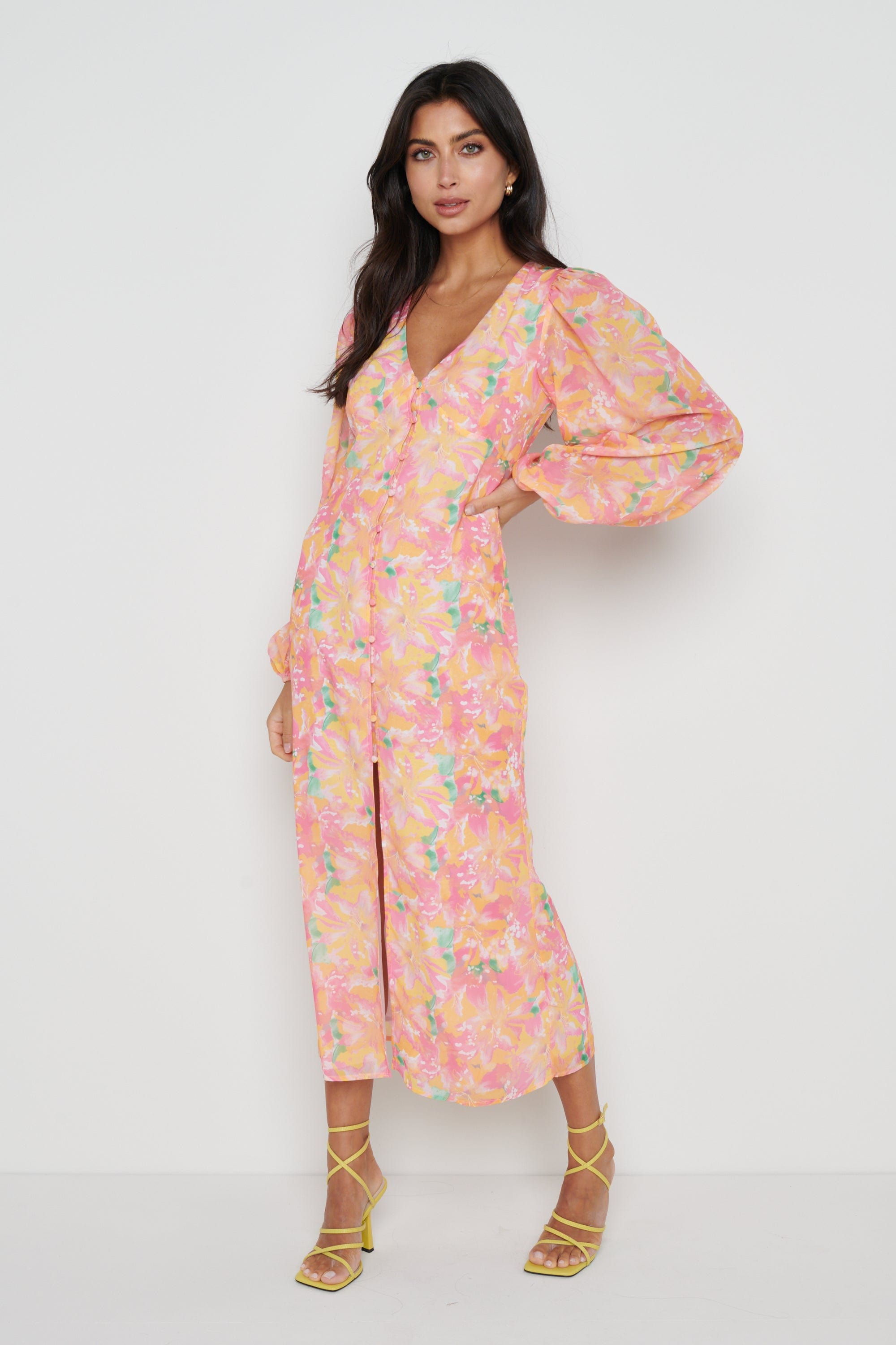 Naya Midaxi Dress - Orange and Pink Floral